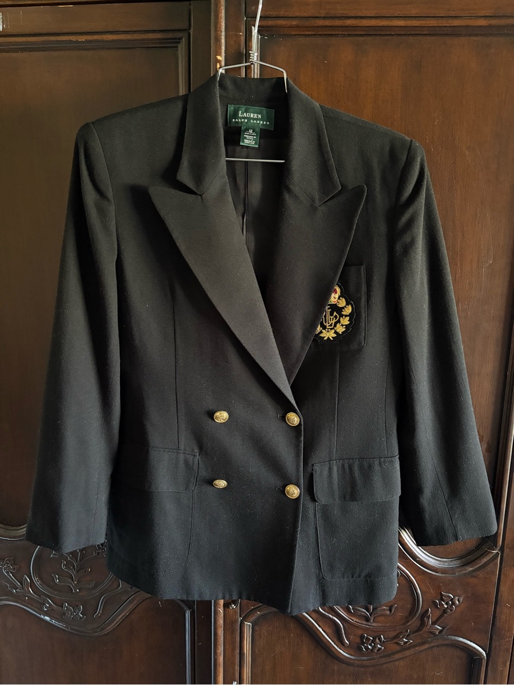 Vtg Lauren Ralph Lauren Double Breasted Blazer Jacket Black Embroidered Crest 12